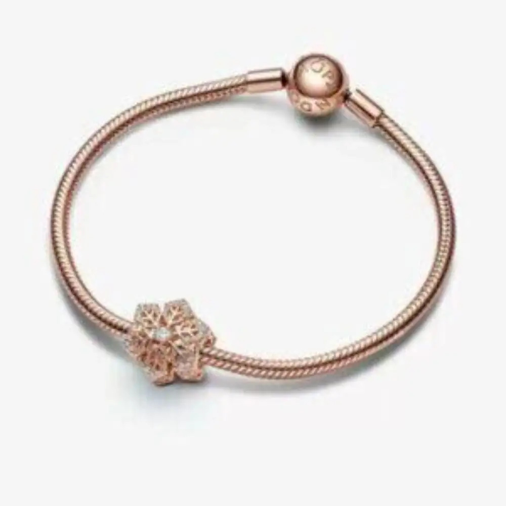 Pandora Rose Gold Flower Charm Snake Chain Bracelet